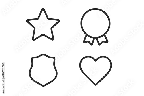 Minimalist star, badge, heart icons collection with simple line art design, vector cartoon illustration, transparent background, ordered set of outline symbols for UI and graphic design