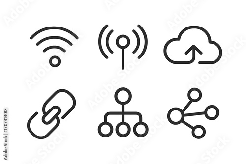 Minimalist technology icons set featuring wireless signal, network connectivity, cloud upload, link chain, hierarchy chart, and data sharing symbols in simple black line style, vector illustration