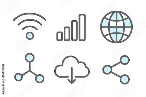 Minimalist technology icons set featuring connectivity, network symbols, wireless signal, global internet, data sharing, cloud download, communication, digital connection, vector cartoon illustration