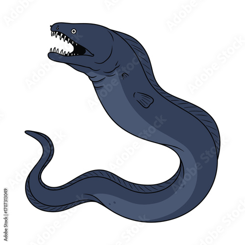 Illustrative portrait of a deep sea eel with open mouth and sharp teeth – flat illustration