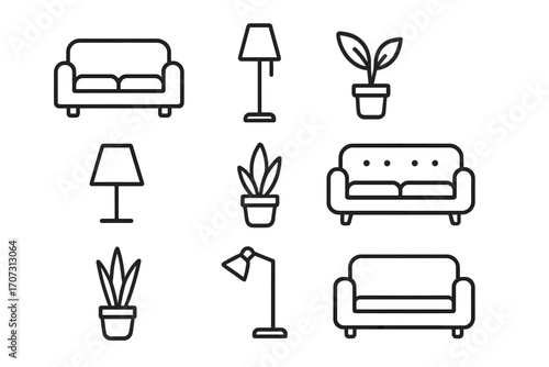 Minimalistic home decor icons set featuring modern sofas, floor and table lamps, and potted plants in clean linear style, vector cartoon illustration, transparent background, ordered set