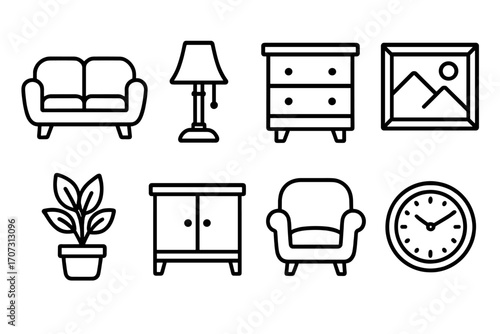 Monochrome linear icons set of home decor essentials including furniture, lamp, plant, wall art, clock, cozy armchair, storage cabinets, minimalist vector illustration collection for interior design