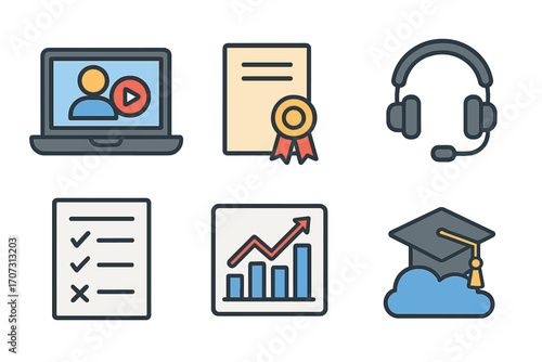 Online learning icons set with laptop video, certificate, headset support, quiz checklist, growth graph, graduation cap on cloud, vector cartoon illustration, transparent background