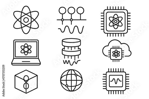Quantum computing technology icons set with atomic, chip, cloud computing, data storage, laptop, globe, and network elements in linear style vector illustration transparent background