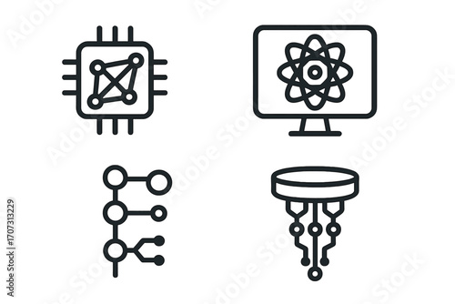Quantum computing icons minimalist technology symbols, innovative circuit design, futuristic computing elements, vector illustration set for tech and science digital concepts