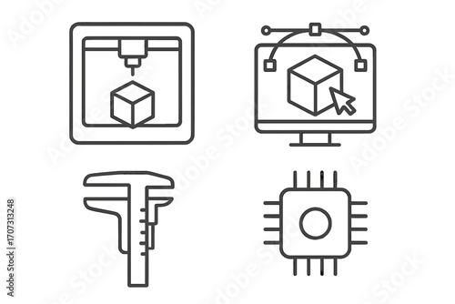 Minimalist linear icons for 3D printing design technology, 3D modeling, measurement, circuit chip symbols, vector cartoon illustration set with transparent background