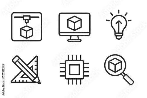 Minimalist linear icons for 3D printing design and technology. Vector set with 3D modeling, computer graphics, innovation, drafting tools, microchip, and magnifying glass concepts.