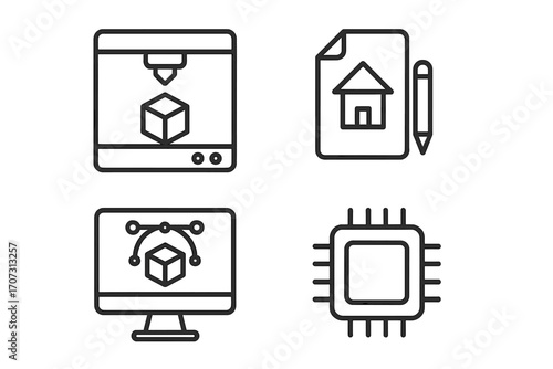 Minimalist linear icons set for 3D printing, 3D design, digital modeling technology, computer graphics, chip processor, creative engineering, CAD software interface