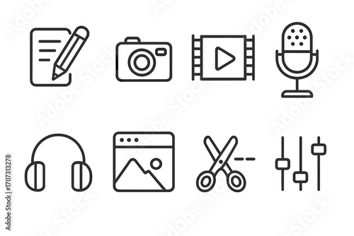 Linear icons set for content creation tools and media editing, including writing, photography, video play, microphone recording, headphones, image gallery, scissors cutting, and audio mixer controls