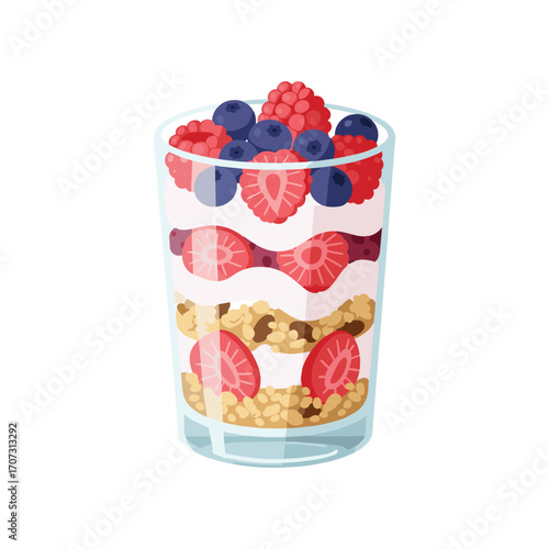 Delicious parfait with fresh berries, yogurt, and granola in a glass cup – flat illustration