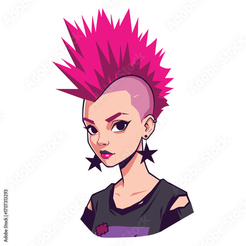 Pink mohawk female cartoon character with edgy style and earrings – flat illustration