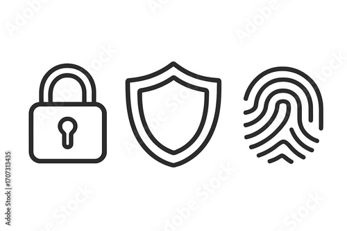 Simple security icons set with lock, shield, and fingerprint symbols in linear style, vector cartoon illustration, transparent background, ordered design collection for digital protection