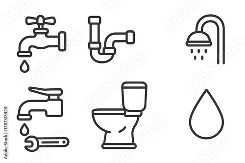 Simple plumbing icons set with faucets, pipes, toilet, shower, water drop, repair tools, vector cartoon illustration, transparent background, ordered plumbing symbols