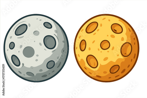 Two artistic vector cartoon illustrations of the moon with different styles and colors, gray and orange craters, space celestial bodies, isolated on white background, transparent background