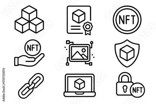 Essential NFT line icons for blockchain and digital assets, vector cartoon illustration set with transparent background, includes certificate, shield, chain, laptop, and secure NFT symbols