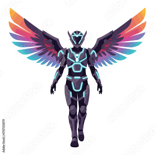 Futuristic armored robot with vibrant multicolored wings – flat illustration