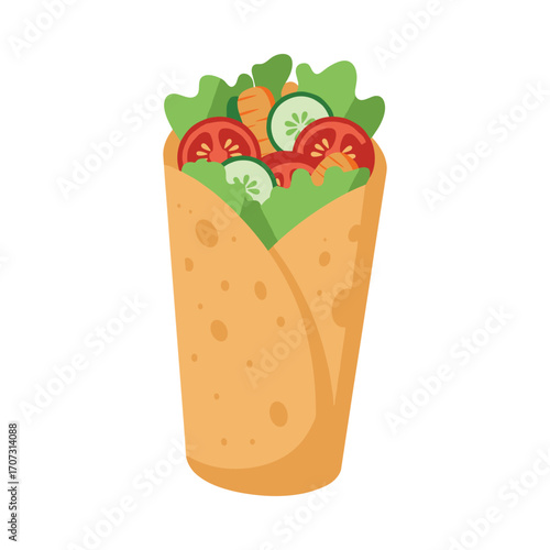 Colorful vegetable wrap with fresh tomatoes, lettuce, and cucumbers – flat illustration