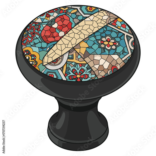 Colorful mosaic patterned knob with geometric and floral design – flat illustration