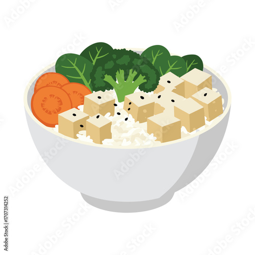 Vegan tofu rice bowl with broccoli and carrots – flat illustration