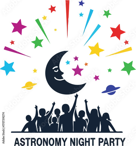 Astronomy Night Party Illustration of people gazing at moon and stars celebration concept