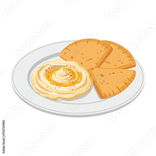Creamy hummus with pita bread on plate – flat illustration