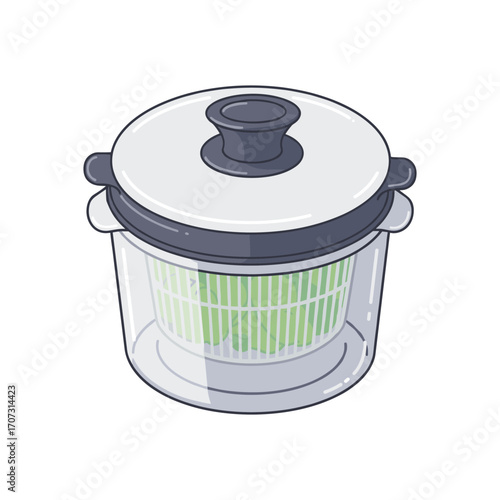 Transparent salad spinner with black lid and fresh lettuce – flat illustration
