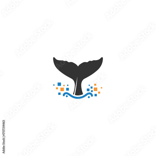 Stylized whale tail with pixel elements and water waves – flat illustration
