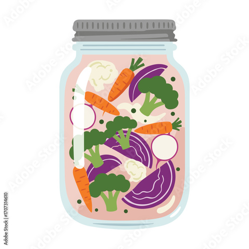Colorful fermented vegetables in jar for healthy pickling and preservation – flat illustration