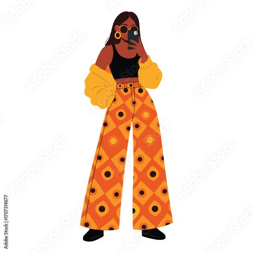 Fashionable young female with afrocentric style in bold geometric pants – flat illustration
