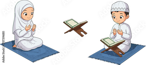 Muslim boy and girl praying, reading Quran on prayer mats, Islamic children in white clothing, religious education, spiritual practice, peaceful worship vector illustration