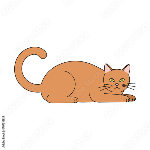 Cartoon of a brown cat lying down with tail curled up – flat illustration