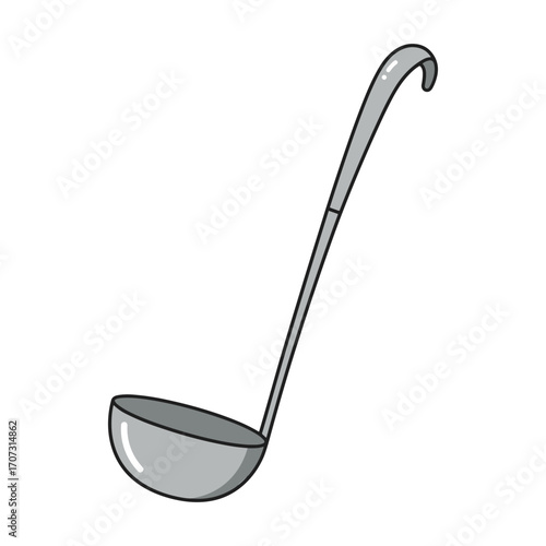 Metal kitchen ladle with hooked handle for serving soups and stews – flat illustration