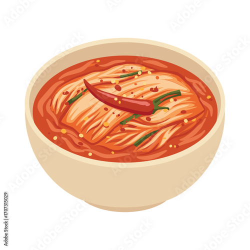Spicy korean kimchi in bowl with red pepper and herbs – flat illustration