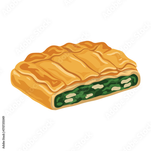 Golden flaky spinach and feta pastry slice – flat illustration