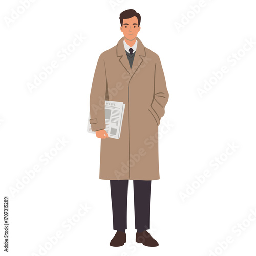 Young caucasian male journalist holding newspaper in a beige trench coat – flat illustration