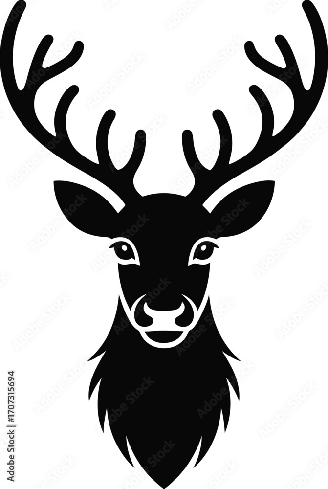 Fototapeta premium Detailed Deer Head Silhouette Illustration with Elegant Antlers on Transparent Backdrop Showcasing Wildlife Artistry in Black and White for Creative Use