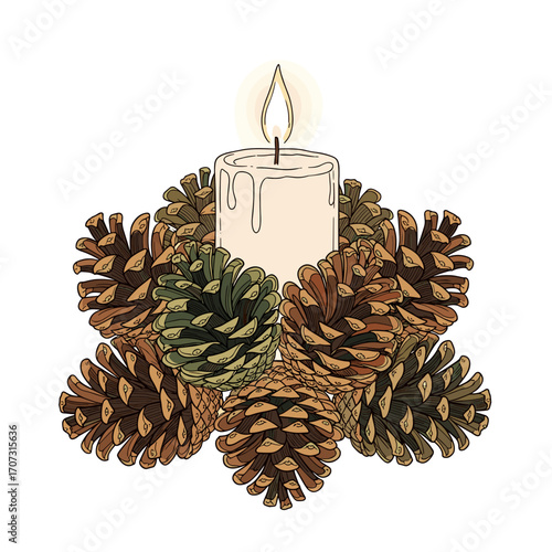 Burning candle centerpiece surrounded by pinecones in rustic style