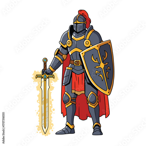Armored knight with sword and shield in regal stance – flat illustration