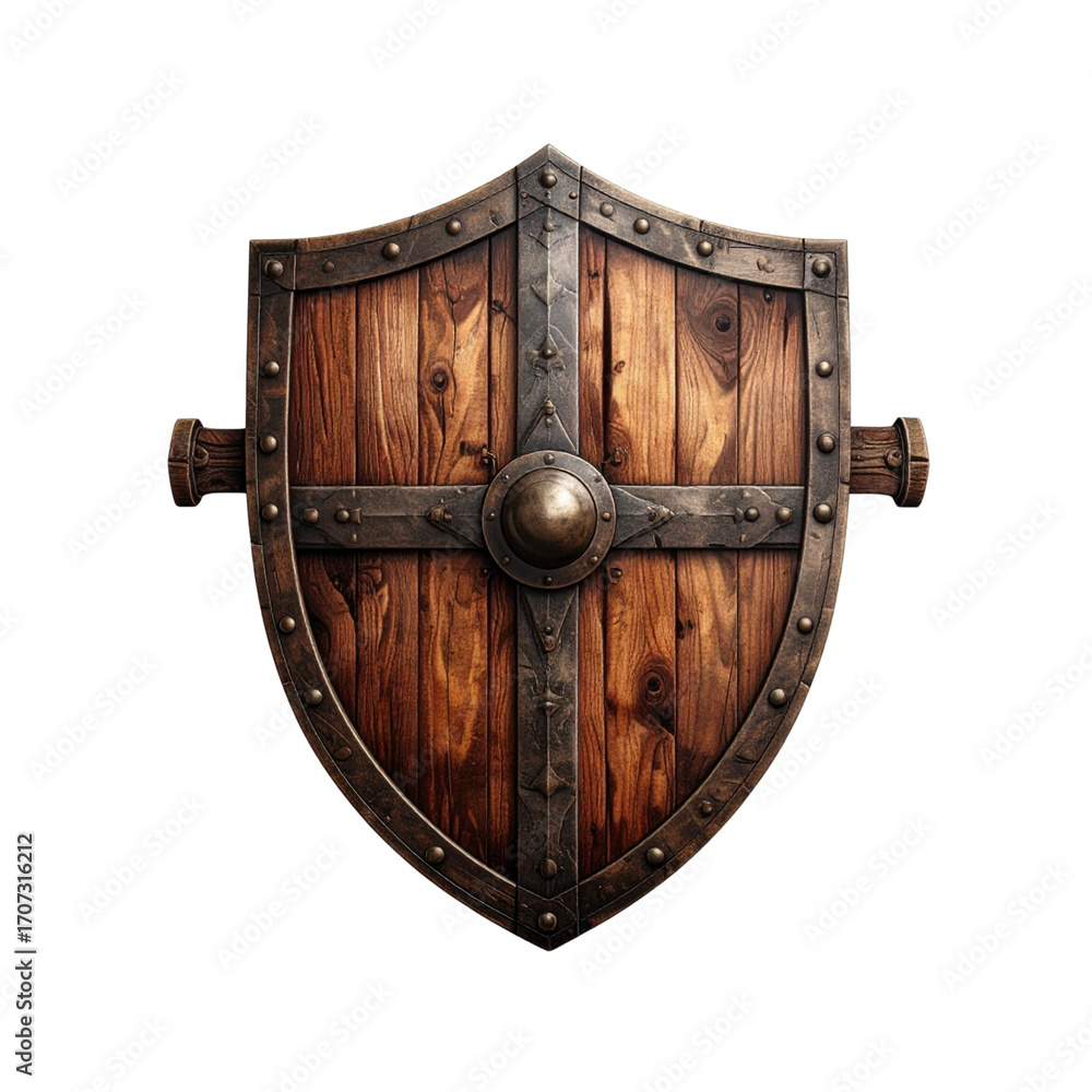 Fototapeta premium medieval old wooden shield badge symbol isolated on white or transparent png