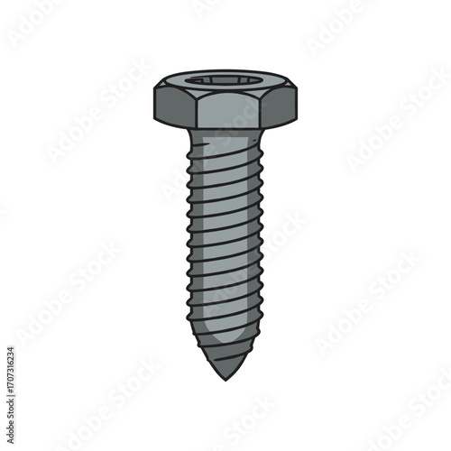 Hex head metal screw with threaded design – flat illustration