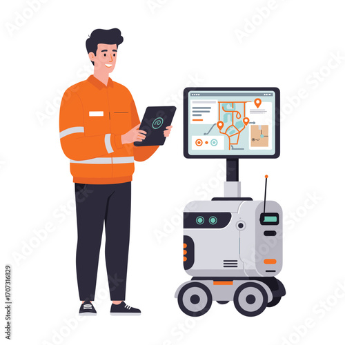 Male technician controlling delivery robot with tablet and digital map interface – flat illustration