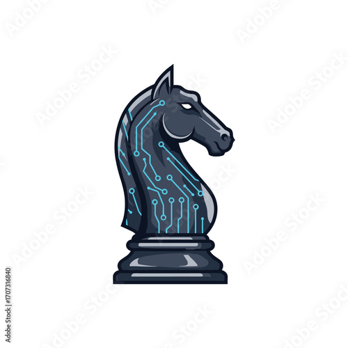 Futuristic horse head chess knight with circuit pattern – flat illustration