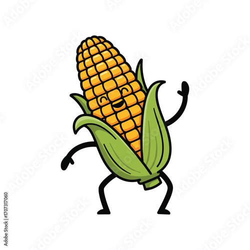 Happy cartoon corn character dancing with animated expression – flat illustration