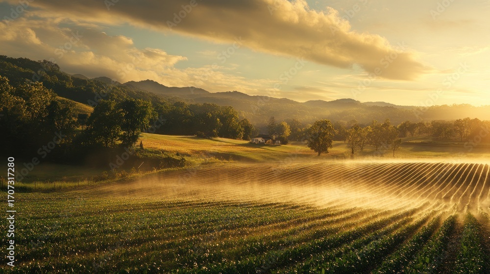 Obraz premium Golden hour bathes a rural valley in light, showcasing farmland, rolling hills, and hazy atmosphere