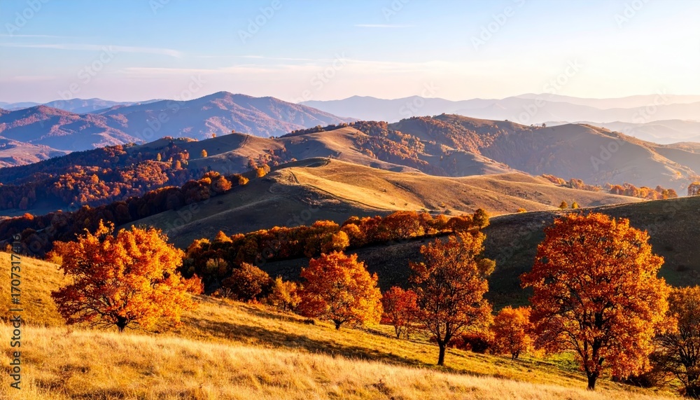 Naklejka premium autumn landscape with trees in the foreground and hills