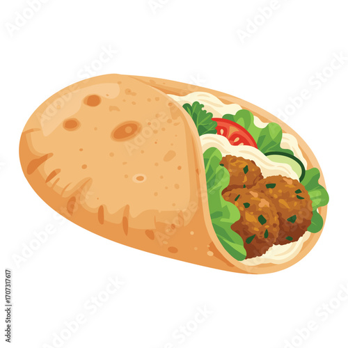 Delicious falafel wrap with fresh vegetables and creamy sauce – flat illustration
