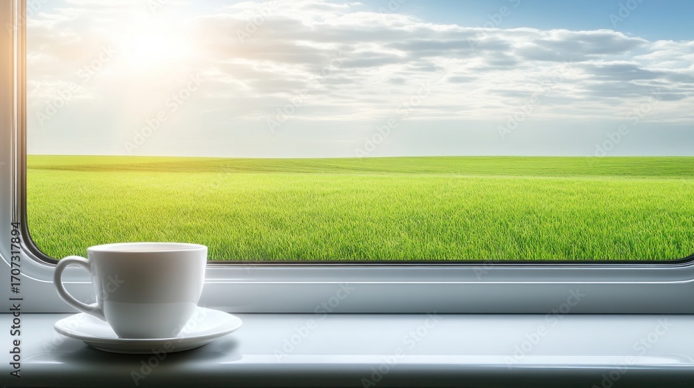 Obraz premium Coffee cup by window with green fields