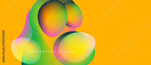 Abstract colorful blobs overlap yellow backdrop. Modern design elements create vibrant visual experience. Smooth gradients enhance composition.