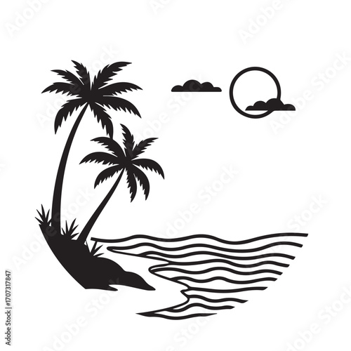 vector illustration of a tropical beach, palm, beach, tree, sea, tropical, summer, island, sun, vector, ocean, nature, illustration, travel, landscape, water, sunset, sky, sand, vacation, silhouette, 