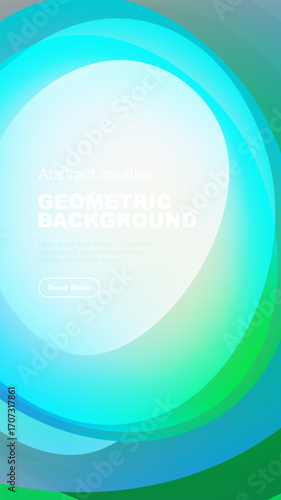 Abstract geometric background features layered translucent shapes. Blue, green hues create modern visual effect. Text present, button visible.